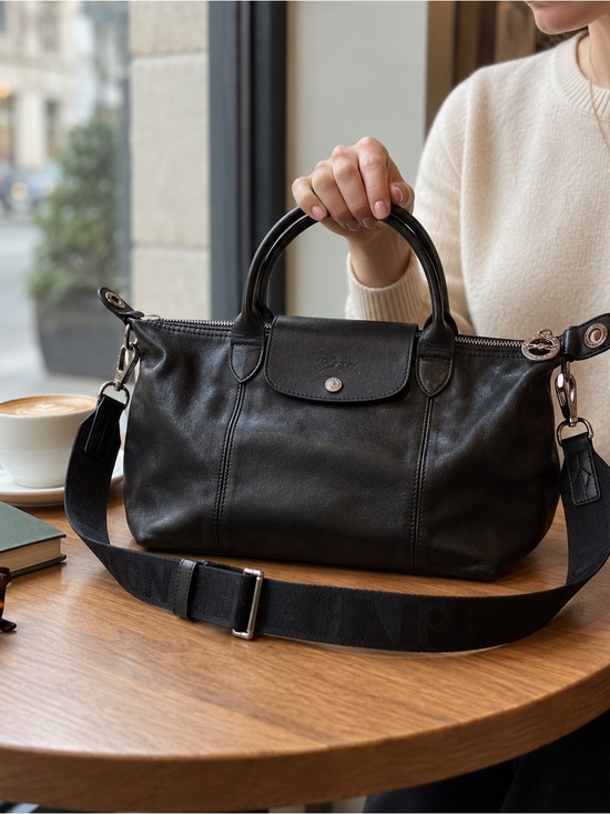Longchamp Handbags - Longchamp Black Leather Top-Handle Satchel with Removable Strap